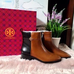 TORY BURCH Everly flat boots colorblock Etrusco calf leather in bonnie brown